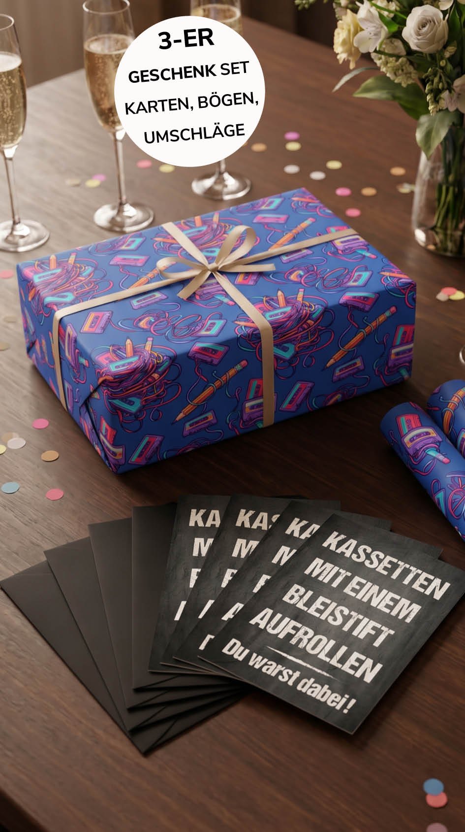 Lustiges Geschenkpapier 3er Set Kassetten aufrollen, Geschenkverpackung DIN A2, Geburtstag inkl. Umschlägen